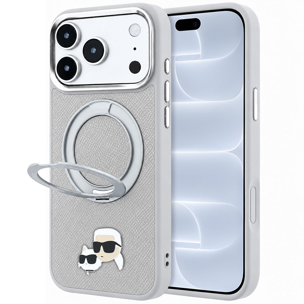 MagSafe Case for Apple iPhone 18 Pro / 17 Pro, Karl Lagerfeld, Ring Stand 360 Karl & Choupette Pin, Gray