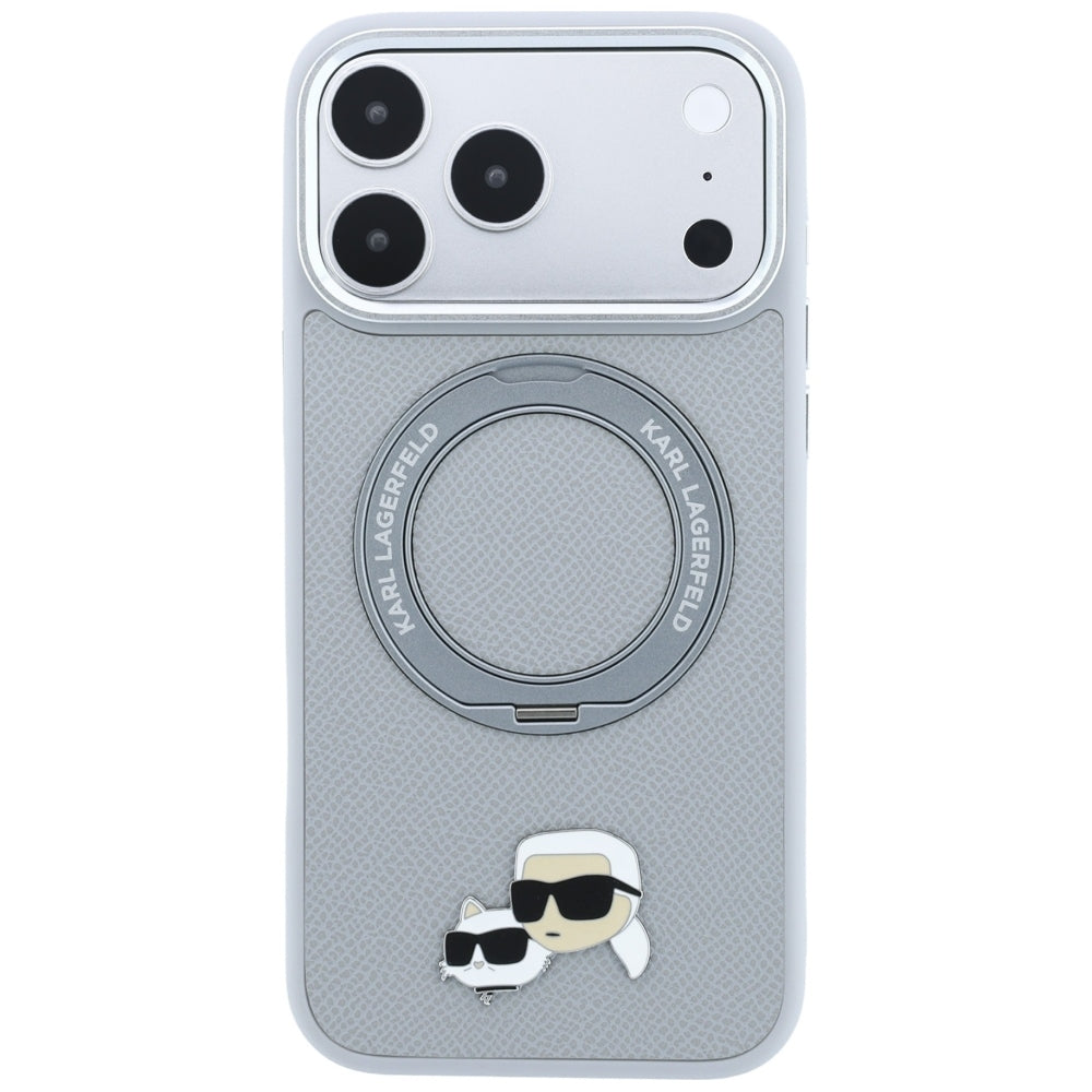 MagSafe Case for Apple iPhone 18 Pro / 17 Pro, Karl Lagerfeld, Ring Stand 360 Karl & Choupette Pin, Gray