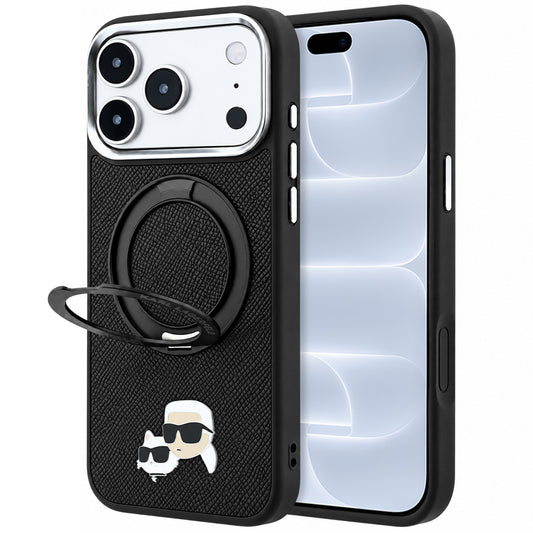 MagSafe tok Apple iPhone 18 Pro / 17 Pro-hoz, Karl Lagerfeld, Ring Stand 360 Karl & Choupette kitűző, Fekete
