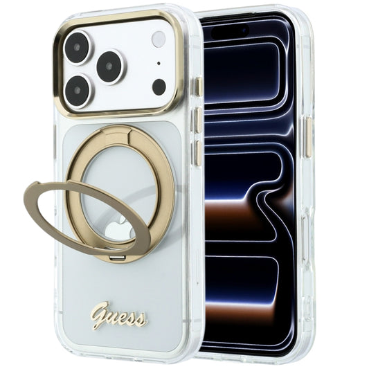 MagSafe tok Apple iPhone 18 Pro-hoz, Guess, Ring Stand Script fém logóval, átlátszó