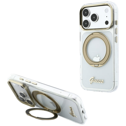 MagSafe tok Apple iPhone 18 Pro-hoz, Guess, Ring Stand Script fém logóval, átlátszó