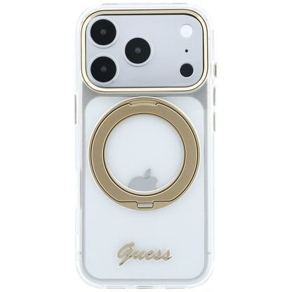 MagSafe tok Apple iPhone 18 Pro-hoz, Guess, Ring Stand Script fém logóval, átlátszó