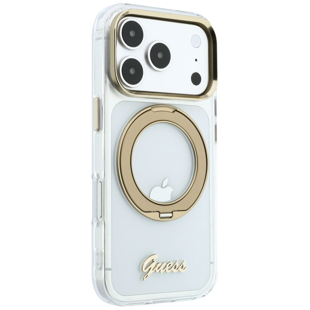 MagSafe tok Apple iPhone 18 Pro-hoz, Guess, Ring Stand Script fém logóval, átlátszó