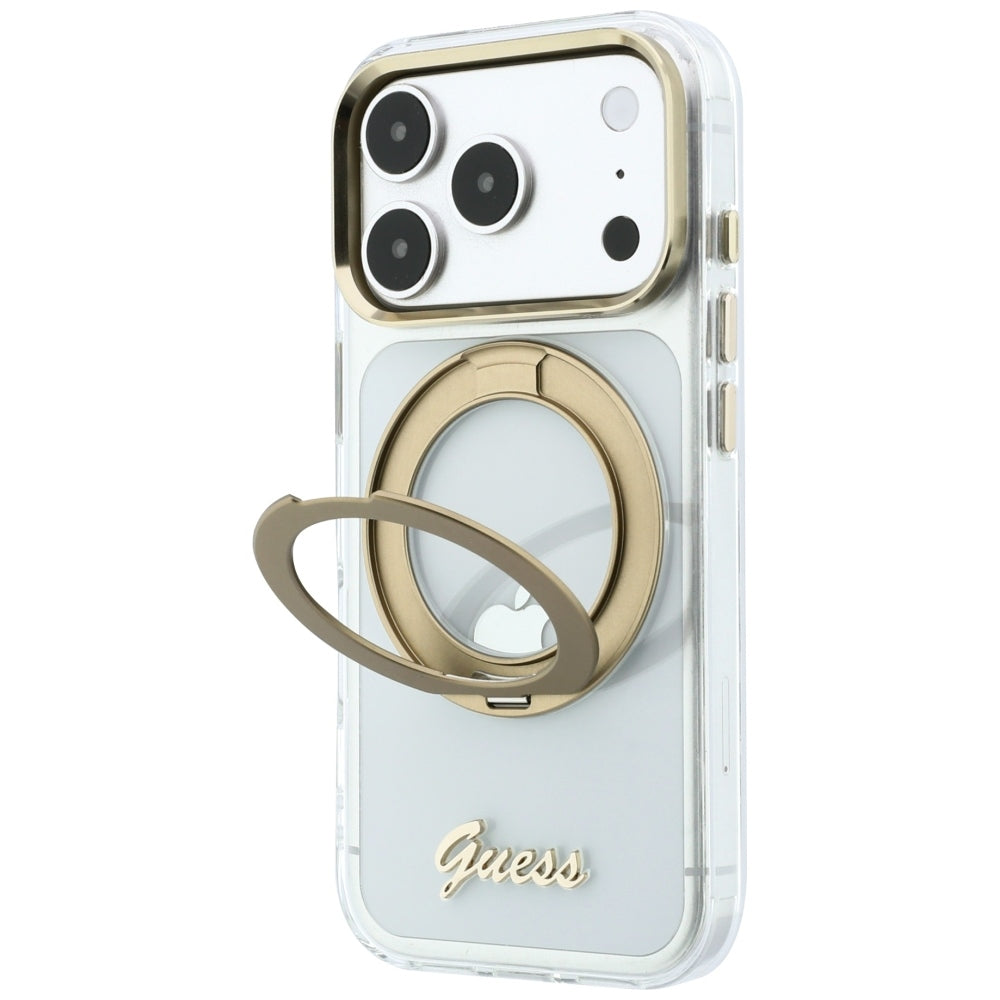 MagSafe tok Apple iPhone 18 Pro-hoz, Guess, Ring Stand Script fém logóval, átlátszó