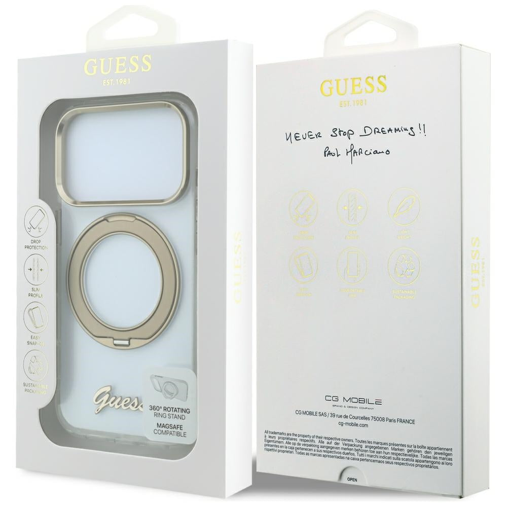 MagSafe tok Apple iPhone 18 Pro-hoz, Guess, Ring Stand Script fém logóval, átlátszó