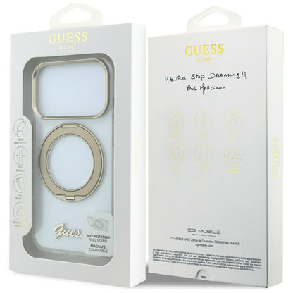 MagSafe tok Apple iPhone 18 Pro-hoz, Guess, Ring Stand Script fém logóval, átlátszó