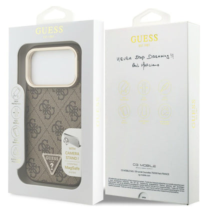 MagSafe Case for Apple iPhone 18 Pro Max / 17 Pro Max, Guess, 4G Triangle Logo & Camera Stand, Brown