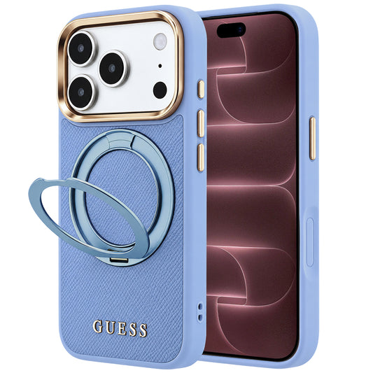 MagSafe tok Apple iPhone 18 Pro Max / 17 Pro Max készülékhez, Guess Grained Ring Stand 360 Classic, kék