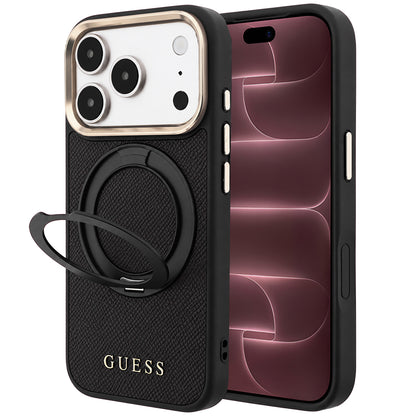 MagSafe Case for Apple iPhone 18 Pro Max / 17 Pro Max, Guess, Grained Ring Stand 360 Classic, Black