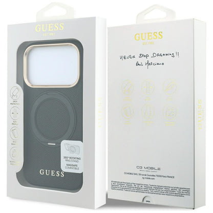 MagSafe Case for Apple iPhone 18 Pro Max / 17 Pro Max, Guess, Grained Ring Stand 360 Classic, Black