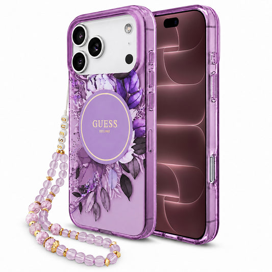 MagSafe tok Apple iPhone 18 Pro Max / 17 Pro Max készülékhez, Guess, IML Flowers with Pearl Strap, lila