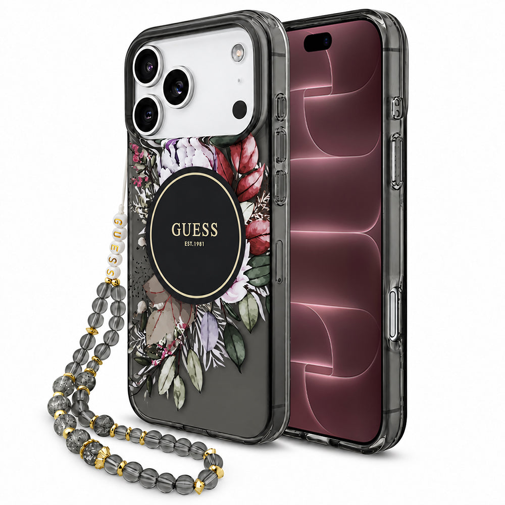 MagSafe tok Apple iPhone 18 Pro Max / 17 Pro Max készülékhez, Guess, IML Flowers with Pearl Strap, fekete