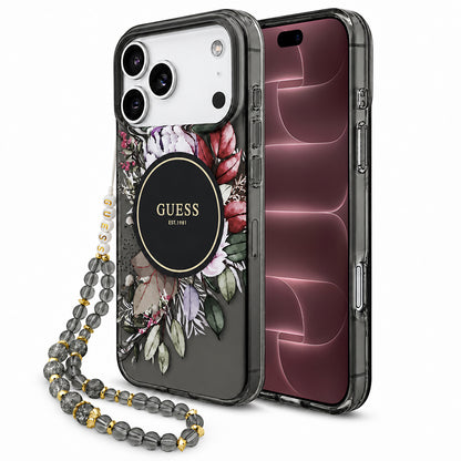 MagSafe tok Apple iPhone 18 Pro Max / 17 Pro Max készülékhez, Guess, IML Flowers with Pearl Strap, fekete