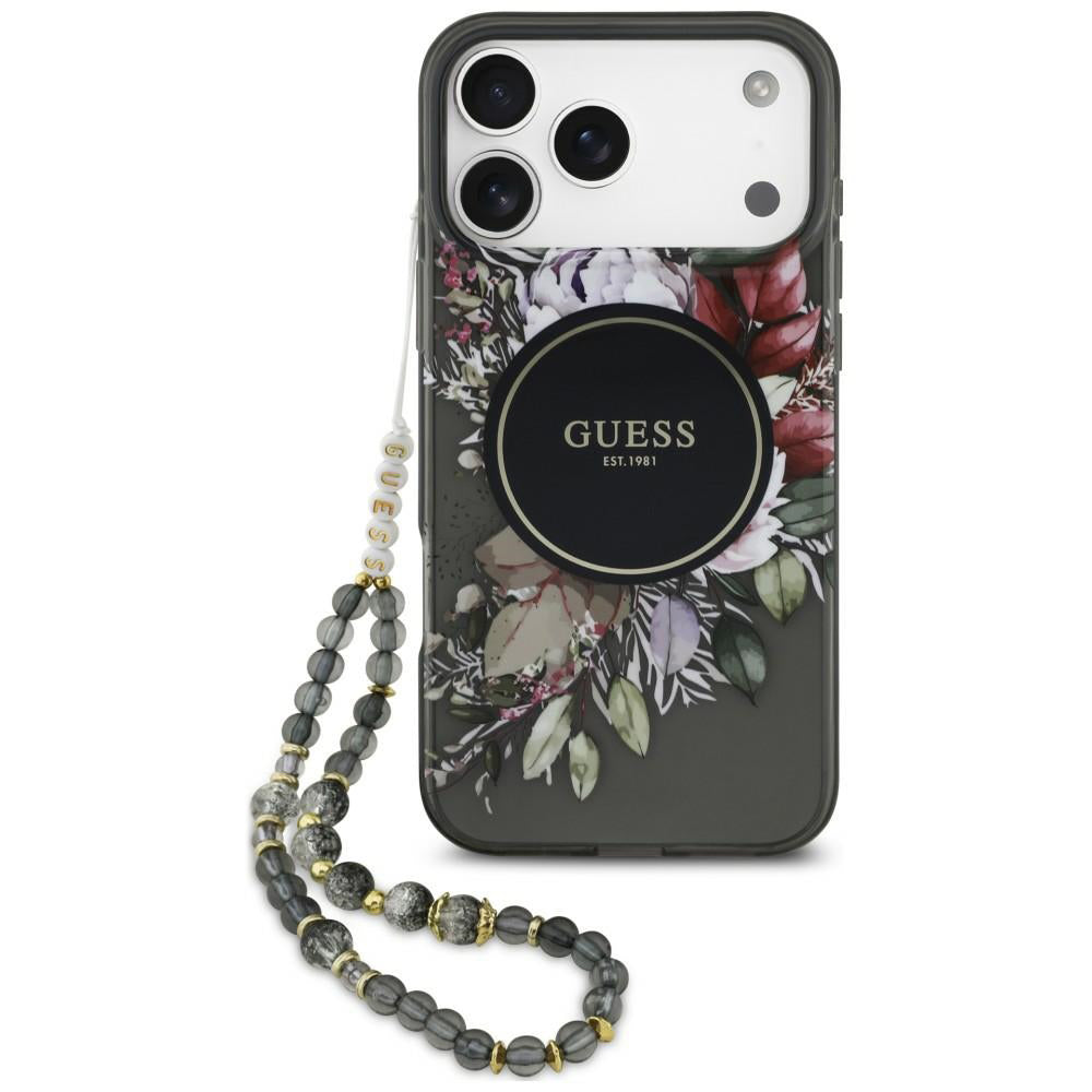 MagSafe tok Apple iPhone 18 Pro Max / 17 Pro Max készülékhez, Guess, IML Flowers with Pearl Strap, fekete