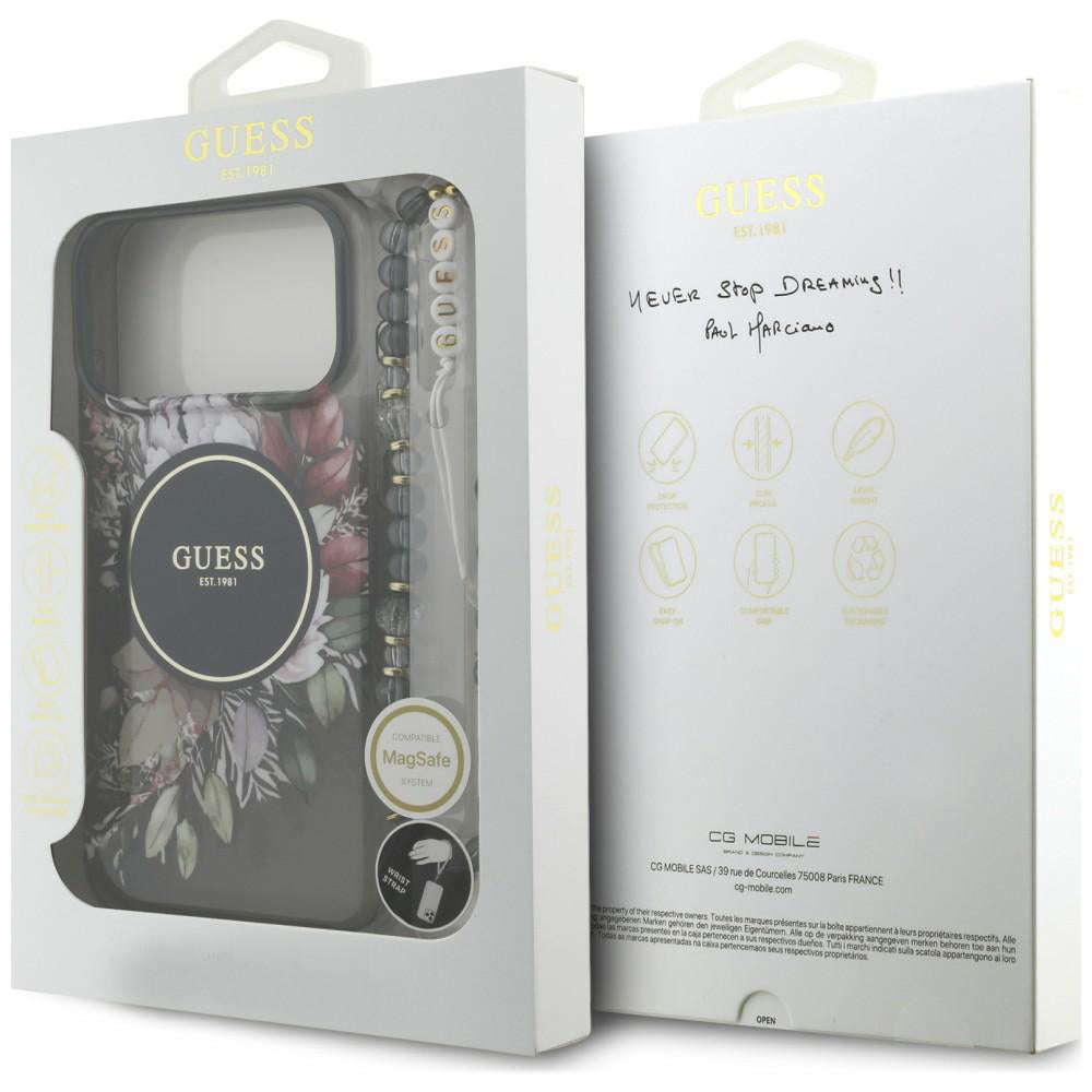 MagSafe tok Apple iPhone 18 Pro Max / 17 Pro Max készülékhez, Guess, IML Flowers with Pearl Strap, fekete