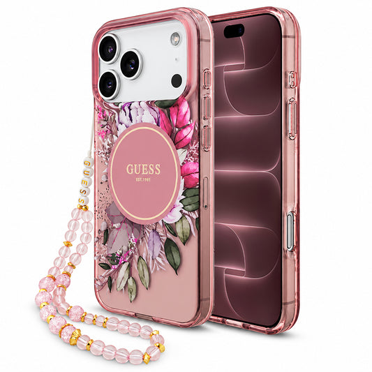 MagSafe tok Apple iPhone 18 Pro Max / 17 Pro Max készülékhez, Guess, IML Flowers with Pearl Strap, rózsaszín