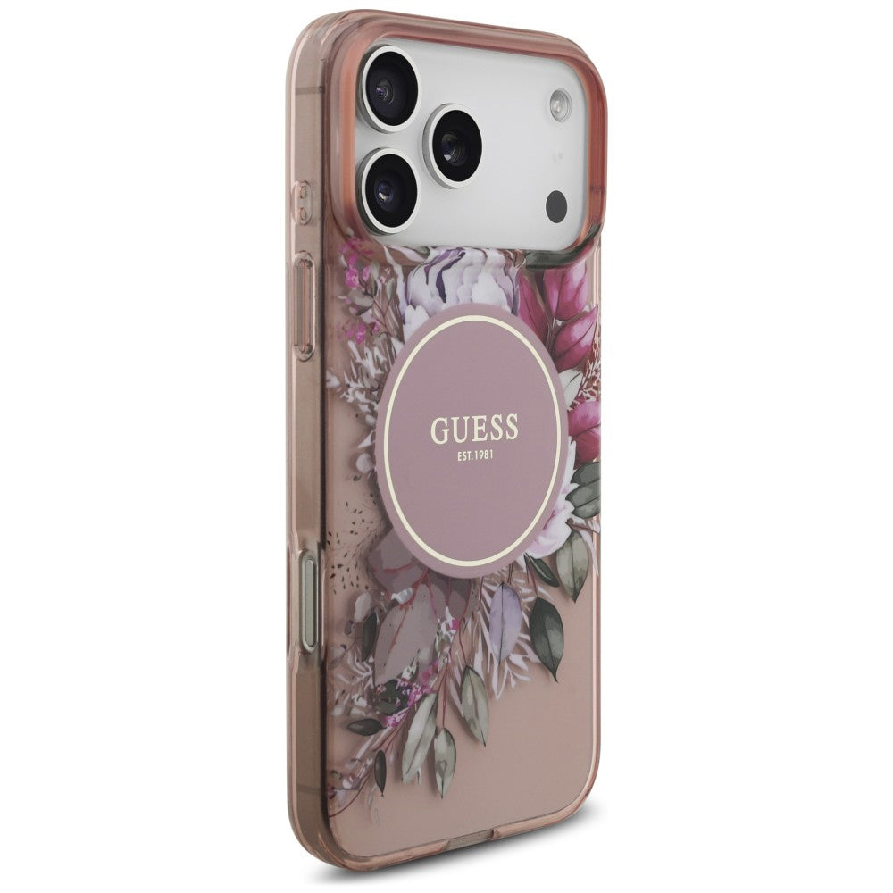 MagSafe Case for Apple iPhone 18 Pro Max / 17 Pro Max, Guess, IML Flowers with Pearl Strap, Pink