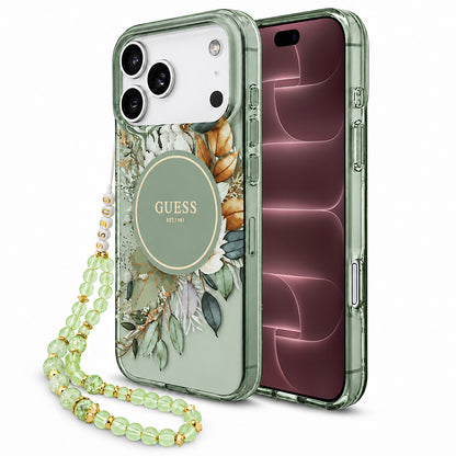 MagSafe tok Apple iPhone 18 Pro Max / 17 Pro Max készülékhez, Guess, IML Flowers with Pearl Strap, zöld