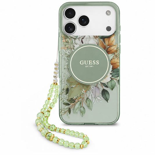 MagSafe tok Apple iPhone 18 Pro Max / 17 Pro Max készülékhez, Guess, IML Flowers with Pearl Strap, zöld