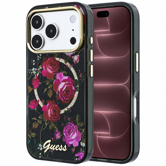 MagSafe tok Apple iPhone 18 Pro Max / 17 Pro Max készülékhez, Guess, IML Glitter Blossom Roses, fekete