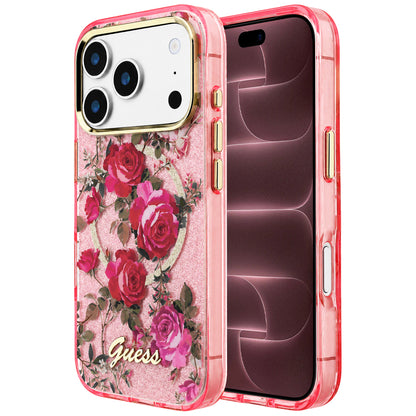 MagSafe tok Apple iPhone 18 Pro Max / 17 Pro Max készülékhez, Guess, IML Glitter Blossom Roses, rózsaszín
