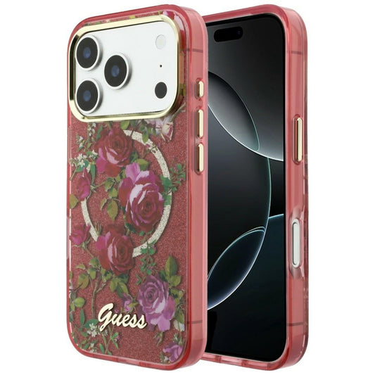 MagSafe tok Apple iPhone 18 Pro Max / 17 Pro Max készülékhez, Guess, IML Csillogó Virágzó Rózsák, Bordó