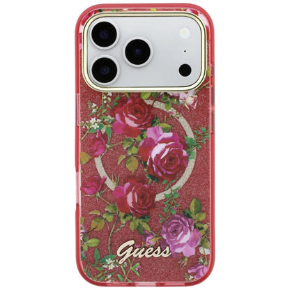 MagSafe Case for Apple iPhone 18 Pro Max / 17 Pro Max, Guess, IML Glitter Blossom Roses, Burgundy