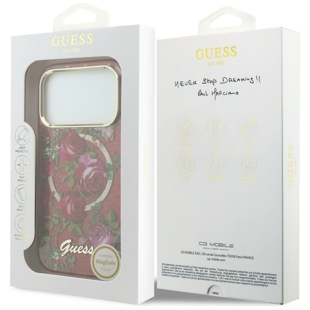 MagSafe Case for Apple iPhone 18 Pro Max / 17 Pro Max, Guess, IML Glitter Blossom Roses, Burgundy