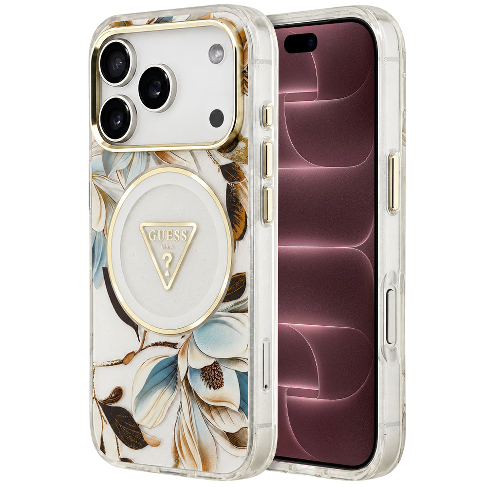 MagSafe tok Apple iPhone 18 Pro Max / 17 Pro Max készülékhez, Guess, IML Metal Glitter Flowers Triangle, fehér