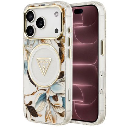 MagSafe tok Apple iPhone 18 Pro Max / 17 Pro Max készülékhez, Guess, IML Metal Glitter Flowers Triangle, fehér