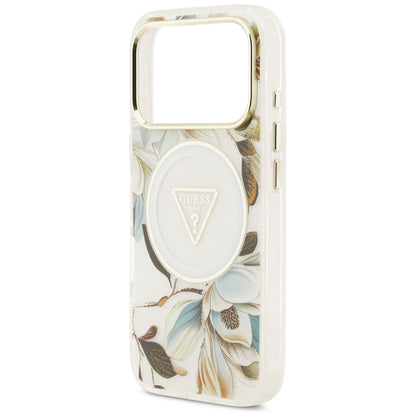 MagSafe tok Apple iPhone 18 Pro Max / 17 Pro Max készülékhez, Guess, IML Metal Glitter Flowers Triangle, fehér