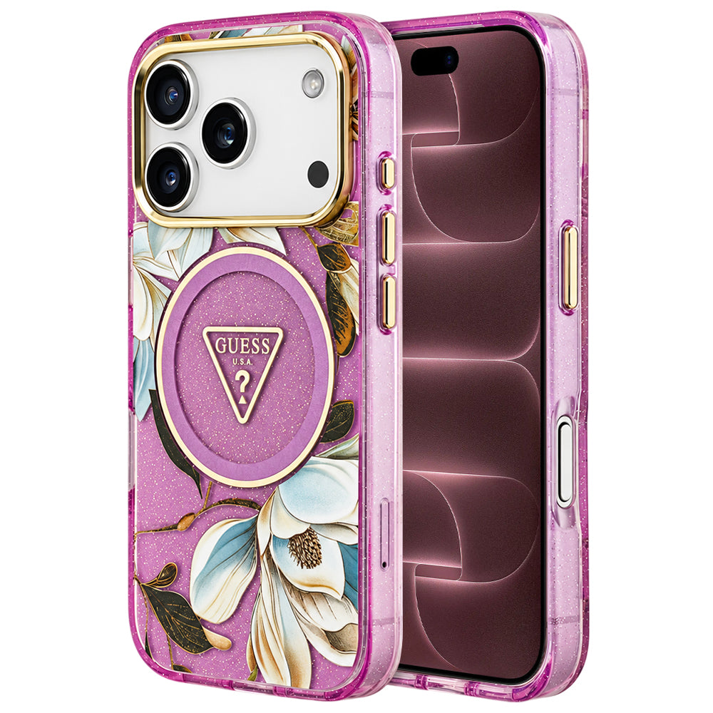 MagSafe Case for Apple iPhone 18 Pro Max / 17 Pro Max, Guess, IML Metal Glitter Flowers Triangle, Purple