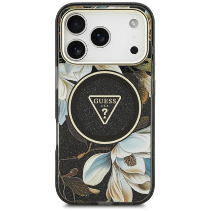 MagSafe Case for Apple iPhone 18 Pro Max / 17 Pro Max, Guess, IML Metal Glitter Flowers Triangle, Black