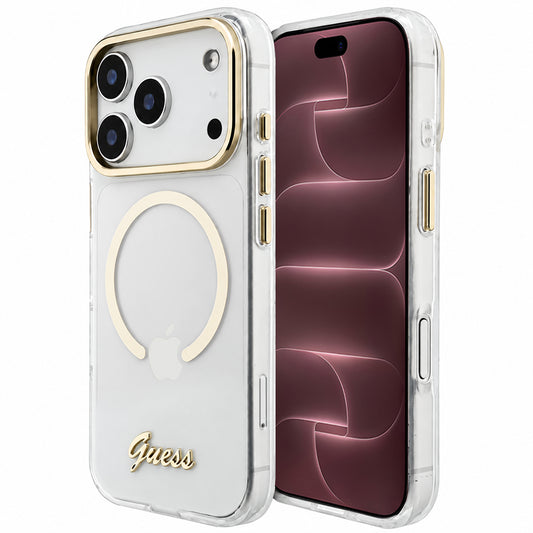 MagSafe tok Apple iPhone 18 Pro Max / 17 Pro Max készülékhez, Guess, IML Script Metal, átlátszó