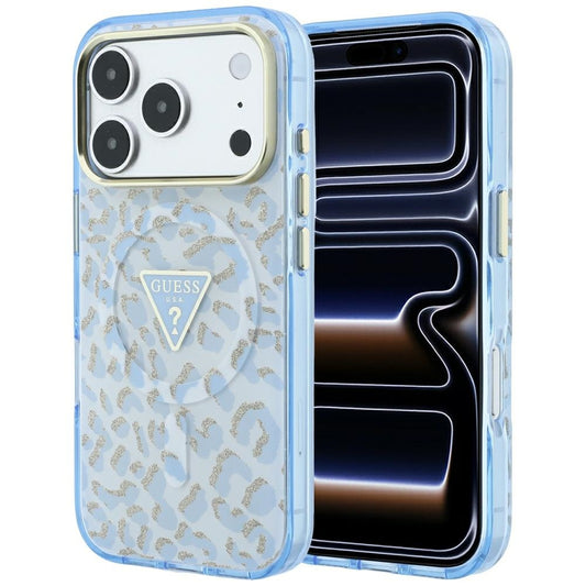 MagSafe tok Apple iPhone 18 Pro Max / 17 Pro Max készülékhez, Guess, Leopárd csillogó háromszög logó, kék