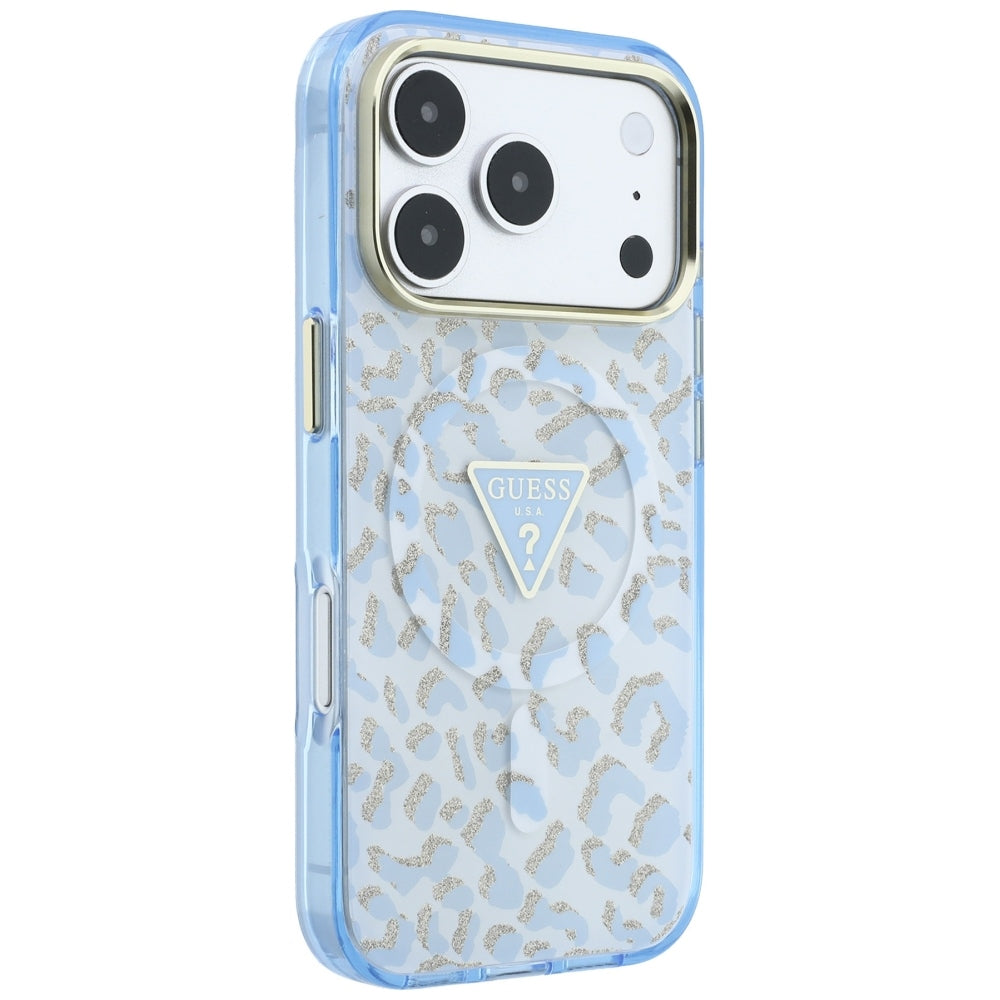 MagSafe tok Apple iPhone 18 Pro Max / 17 Pro Max készülékhez, Guess, Leopárd csillogó háromszög logó, kék