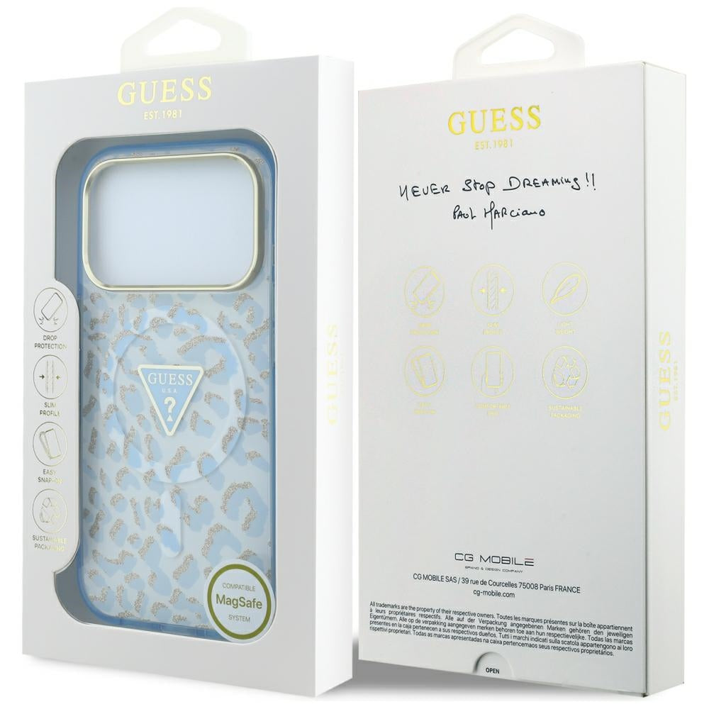 MagSafe tok Apple iPhone 18 Pro Max / 17 Pro Max készülékhez, Guess, Leopárd csillogó háromszög logó, kék
