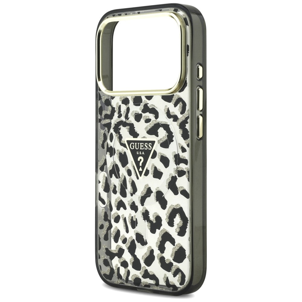 MagSafe Case for Apple iPhone 18 Pro Max / 17 Pro Max, Guess, Leopard Glitter Triangle Logo, Black