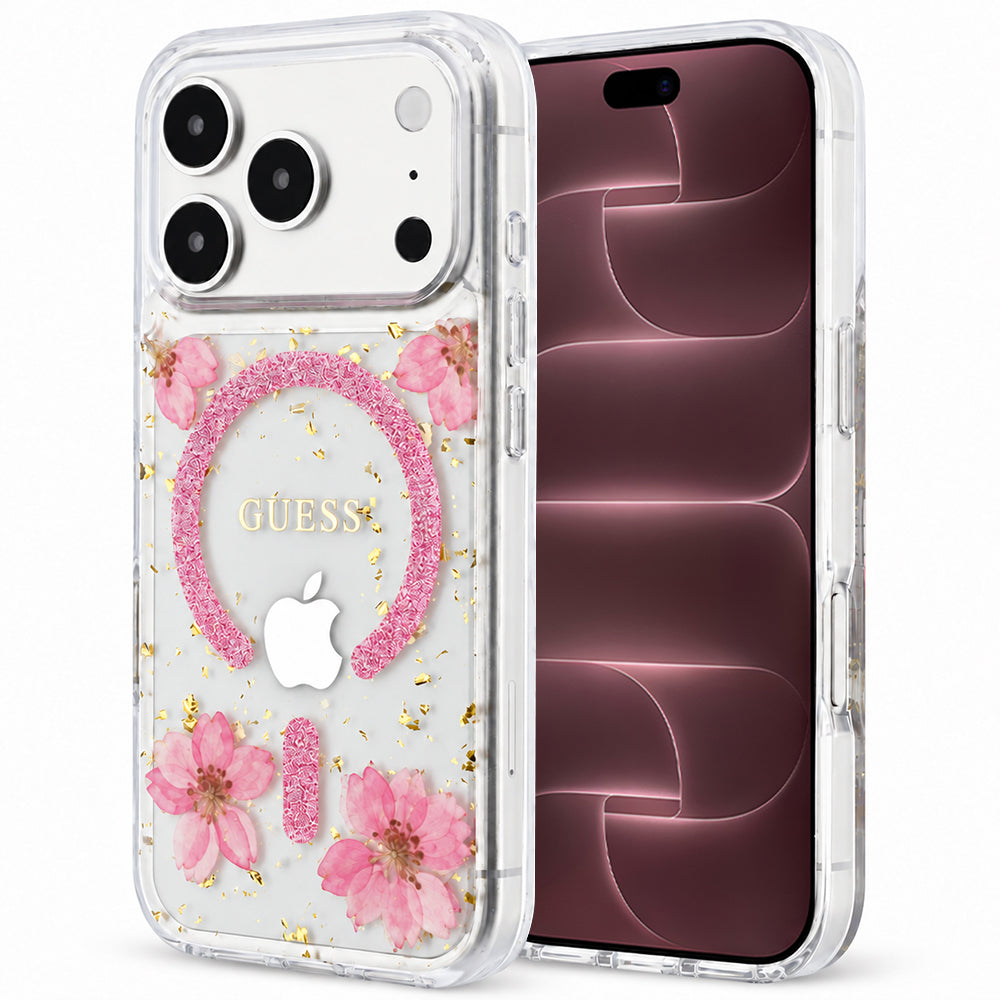 MagSafe tok Apple iPhone 18 Pro Max / 17 Pro Max készülékhez, Guess, Resin Flowers and Glitter, rózsaszín
