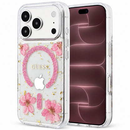 MagSafe tok Apple iPhone 18 Pro Max / 17 Pro Max készülékhez, Guess, Resin Flowers and Glitter, rózsaszín