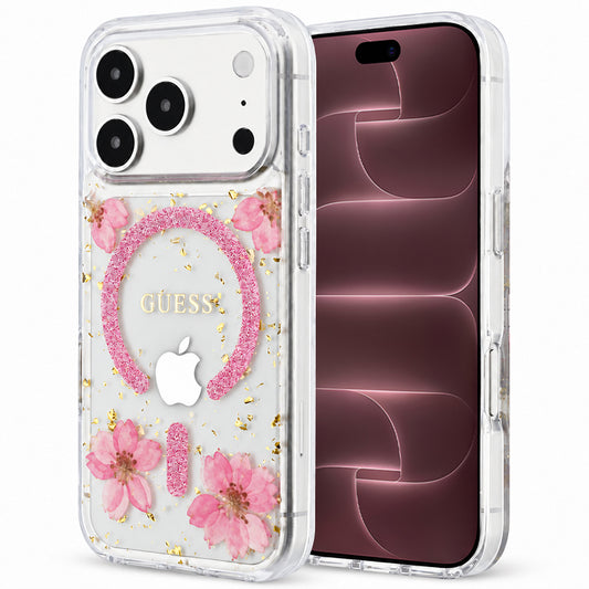 MagSafe tok Apple iPhone 18 Pro Max / 17 Pro Max készülékhez, Guess, Resin Flowers and Glitter, rózsaszín