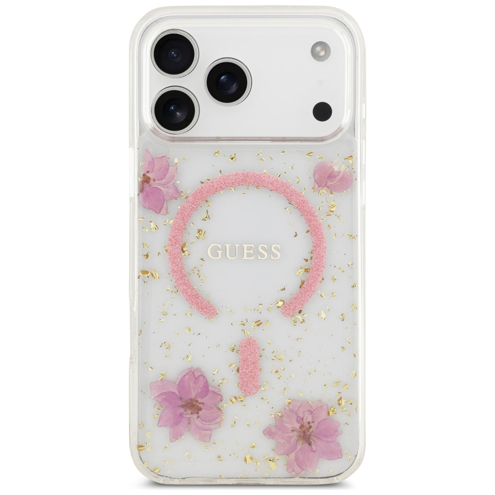 MagSafe tok Apple iPhone 18 Pro Max / 17 Pro Max készülékhez, Guess, Resin Flowers and Glitter, rózsaszín