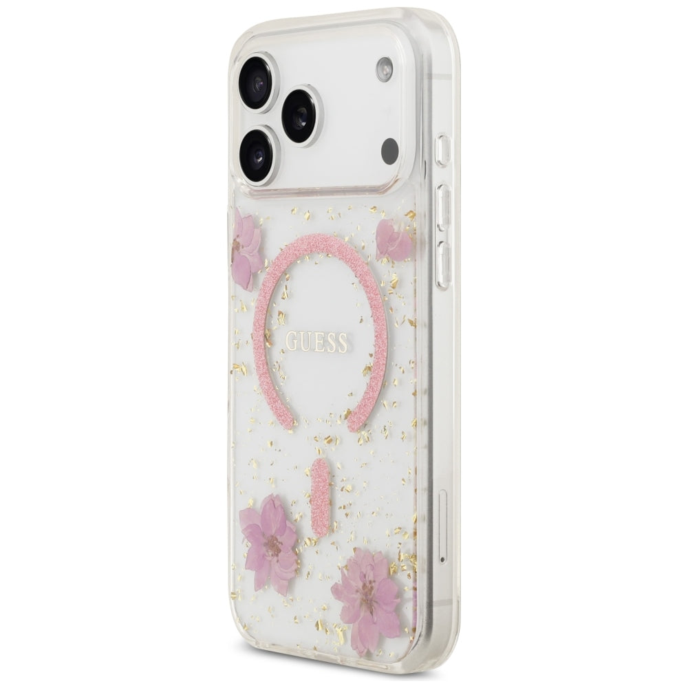 MagSafe tok Apple iPhone 18 Pro Max / 17 Pro Max készülékhez, Guess, Resin Flowers and Glitter, rózsaszín