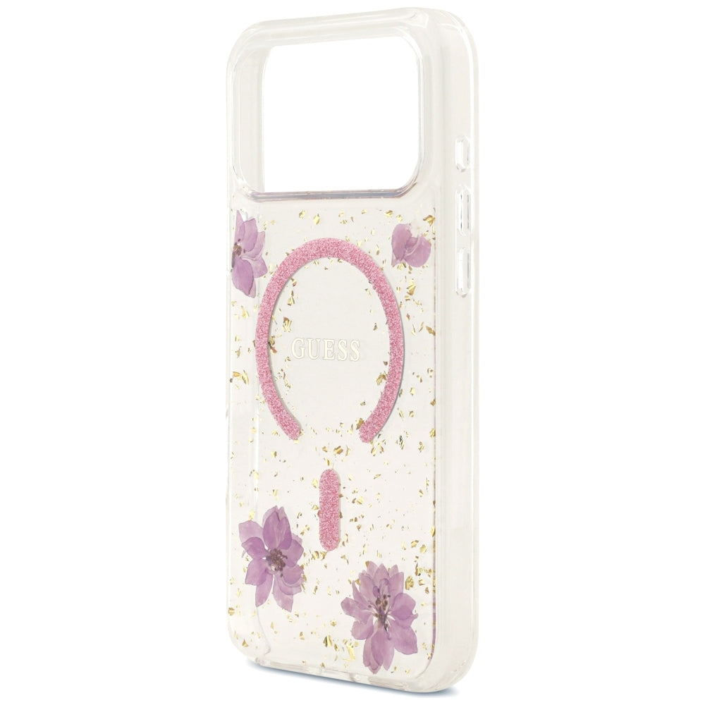 MagSafe tok Apple iPhone 18 Pro Max / 17 Pro Max készülékhez, Guess, Resin Flowers and Glitter, rózsaszín