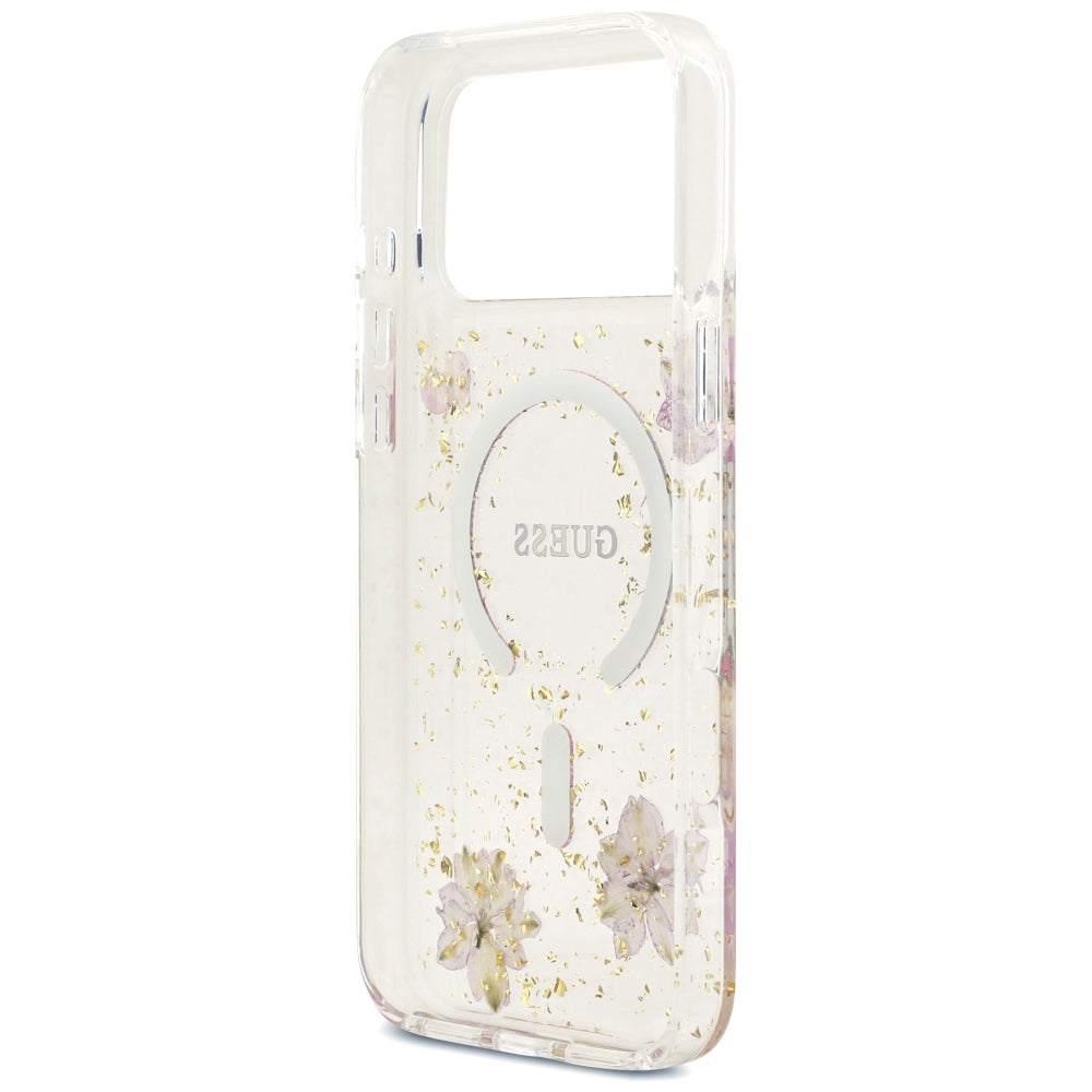 MagSafe tok Apple iPhone 18 Pro Max / 17 Pro Max készülékhez, Guess, Resin Flowers and Glitter, rózsaszín