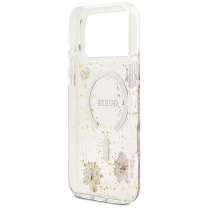 MagSafe tok Apple iPhone 18 Pro Max / 17 Pro Max készülékhez, Guess, Resin Flowers and Glitter, rózsaszín