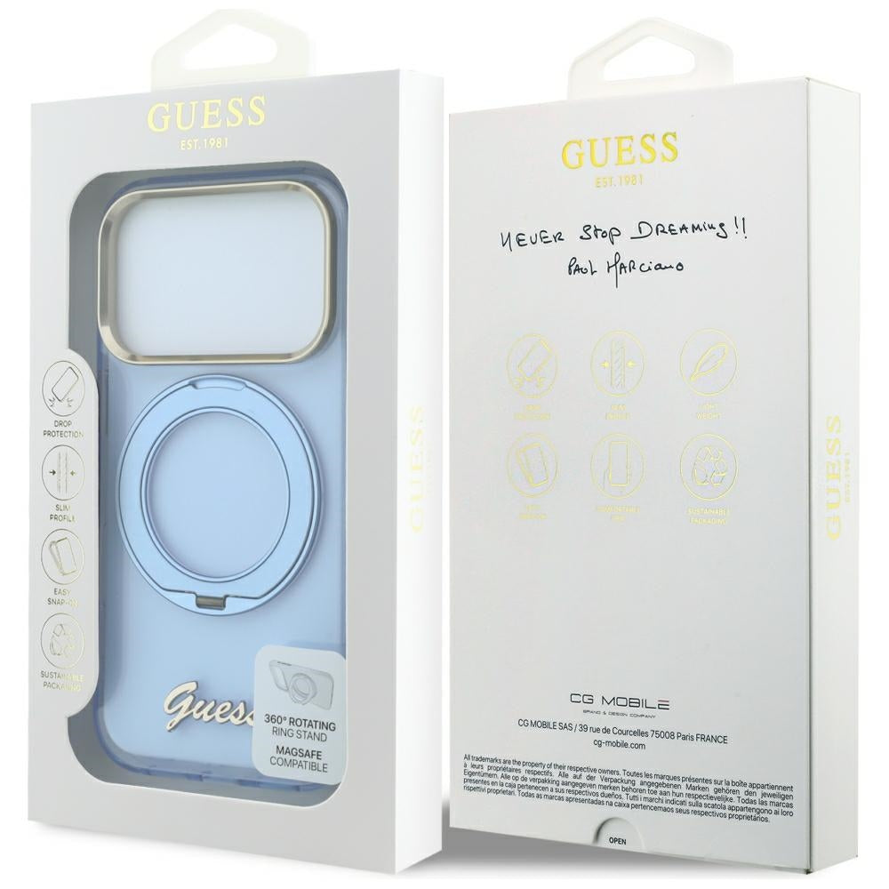 MagSafe tok Apple iPhone 18 Pro Max / 17 Pro Max készülékhez, Guess, Ring Stand Script fém logó, kék
