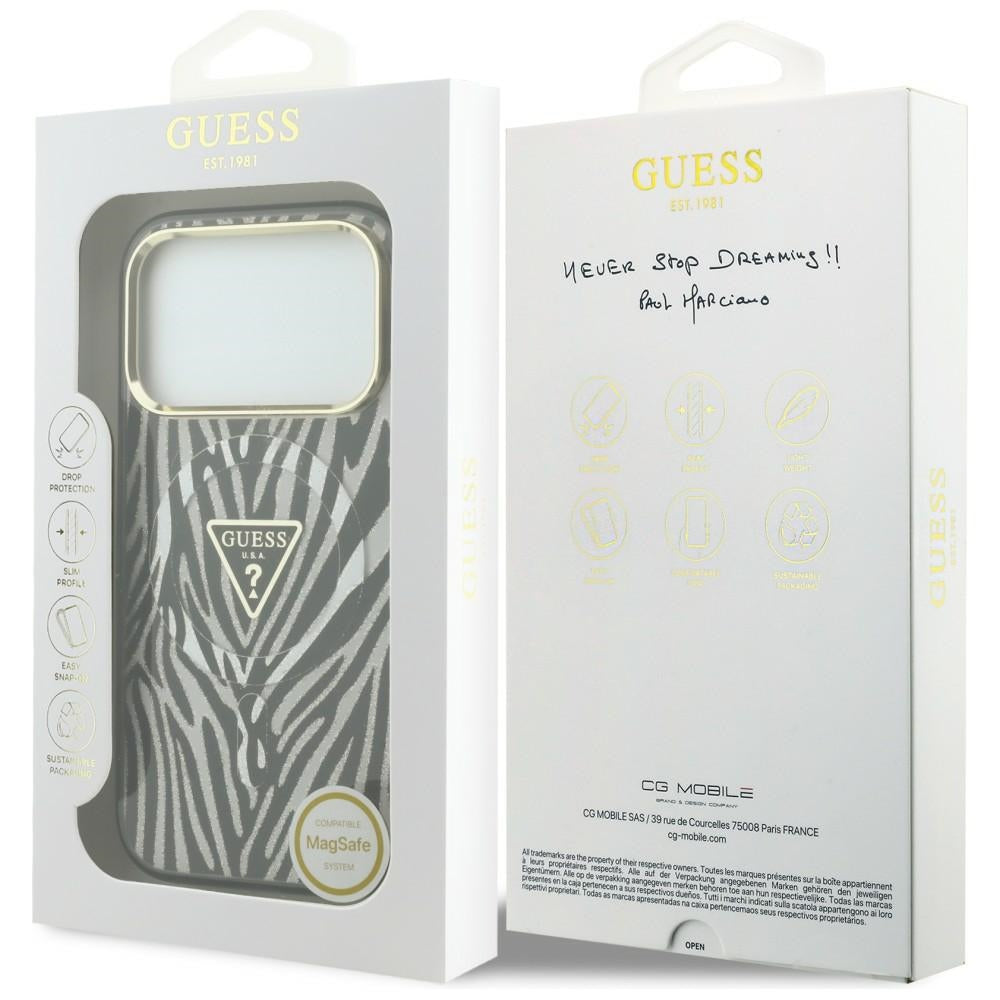 MagSafe tok Apple iPhone 18 Pro Max / 17 Pro Max készülékhez, Guess, Zebra Csillogó Háromszög Logó, Ezüst