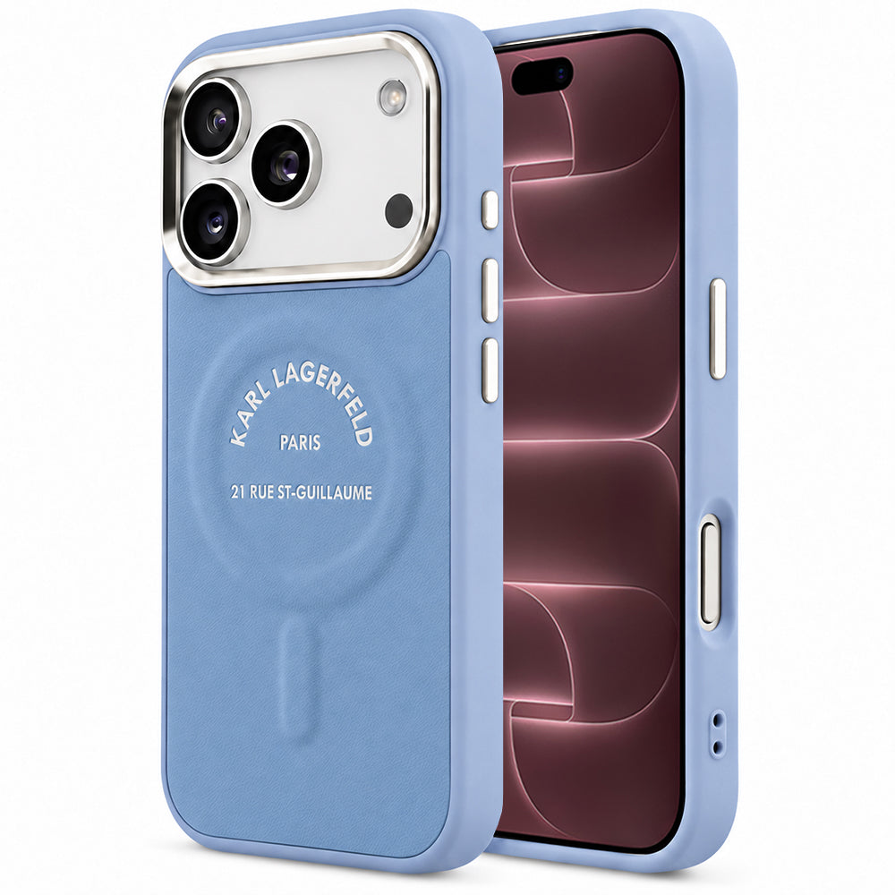 MagSafe Case for Apple iPhone 18 Pro Max / 17 Pro Max, Karl Lagerfeld, Embossed Open Ring RSG Logo, Blue
