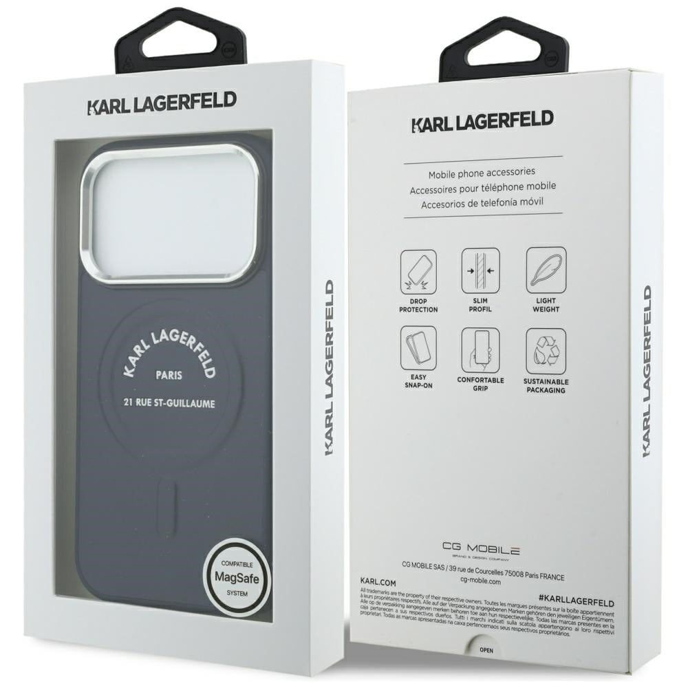 MagSafe Case for Apple iPhone 18 Pro Max / 17 Pro Max, Karl Lagerfeld, Embossed Open Ring RSG Logo, Blue